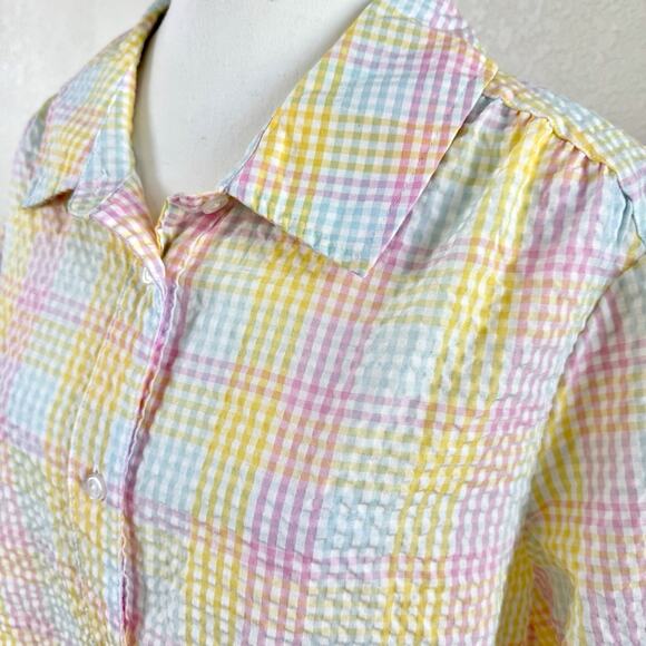 American Sweetheart Shirt Womens XL White Pastel Plaid Easter Seersucker Button - Picture 3 of 14